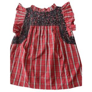 New J Marie Top Rayna Red Navy Plaid Ruffle Neck Embroidered Blouse Large